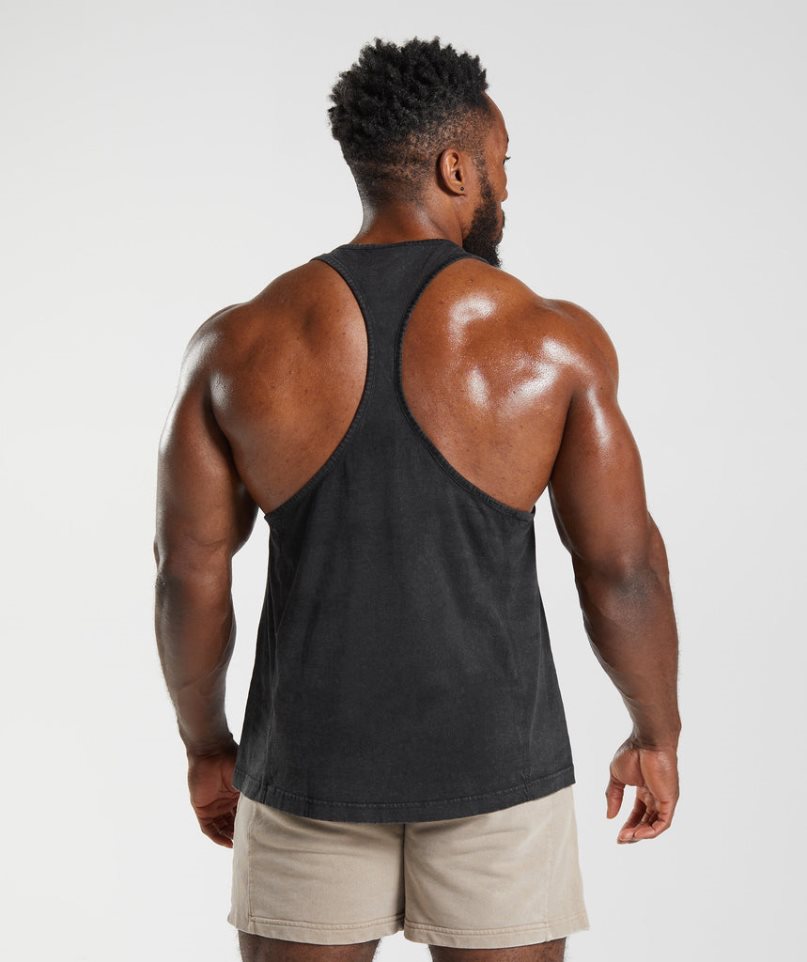 Men's Gymshark Power Washed Stringer Tanks Black | NZ 1XNDJZ